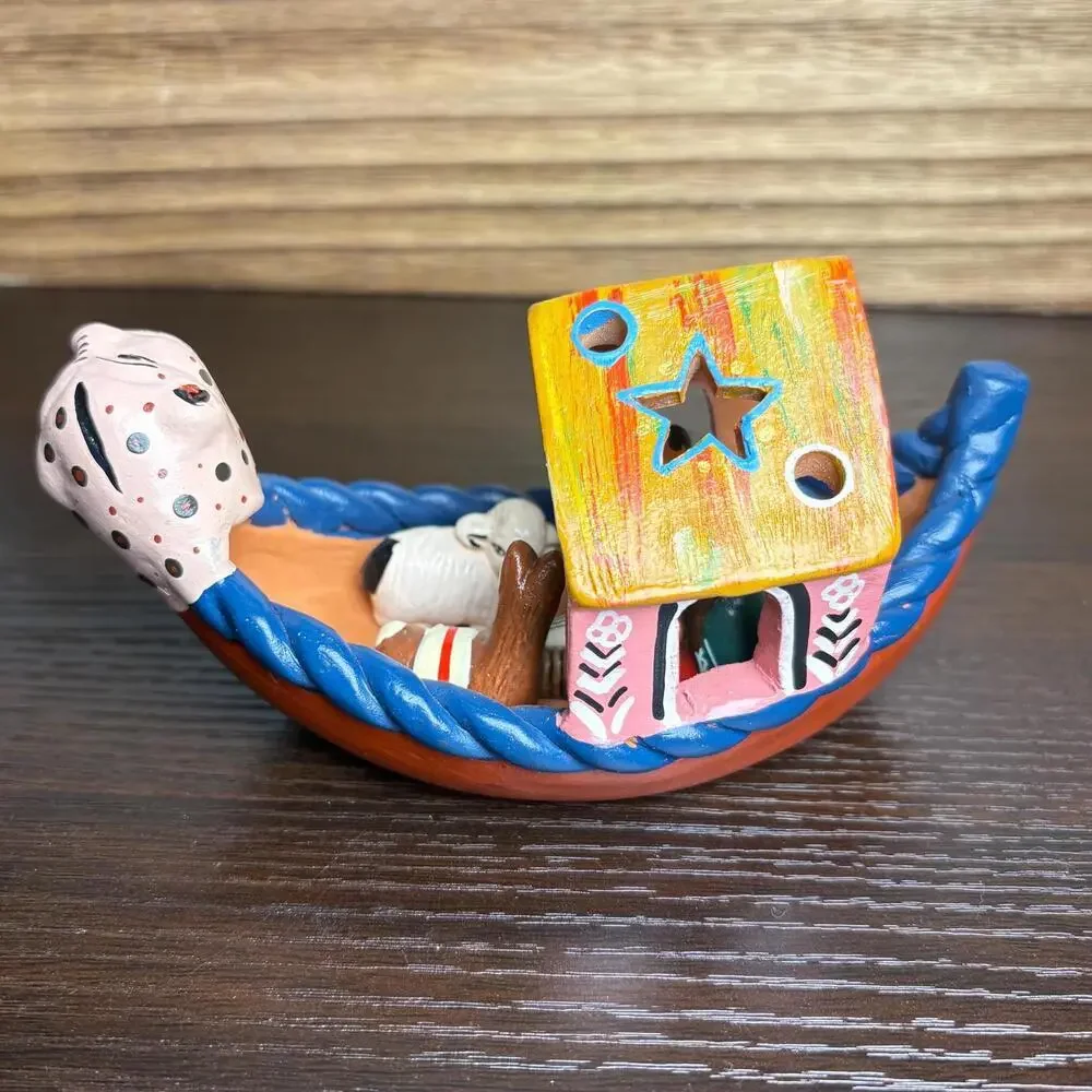 Handmade Peruvian Clay‎ Nativity in Canoe White Jaguar Christmas Decoration